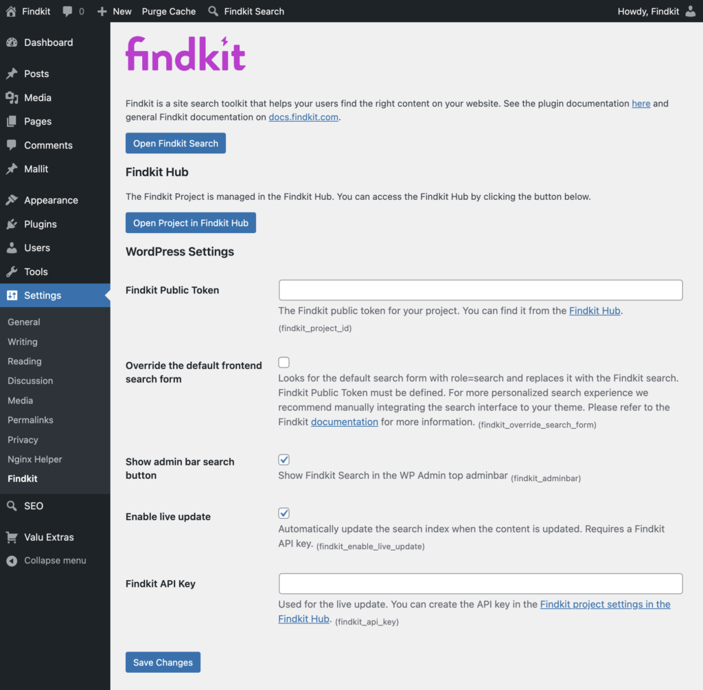 Screenshot of Findkit plugin settings view
